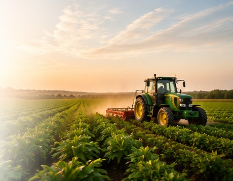 Agricultural field and tractor at sunrise
